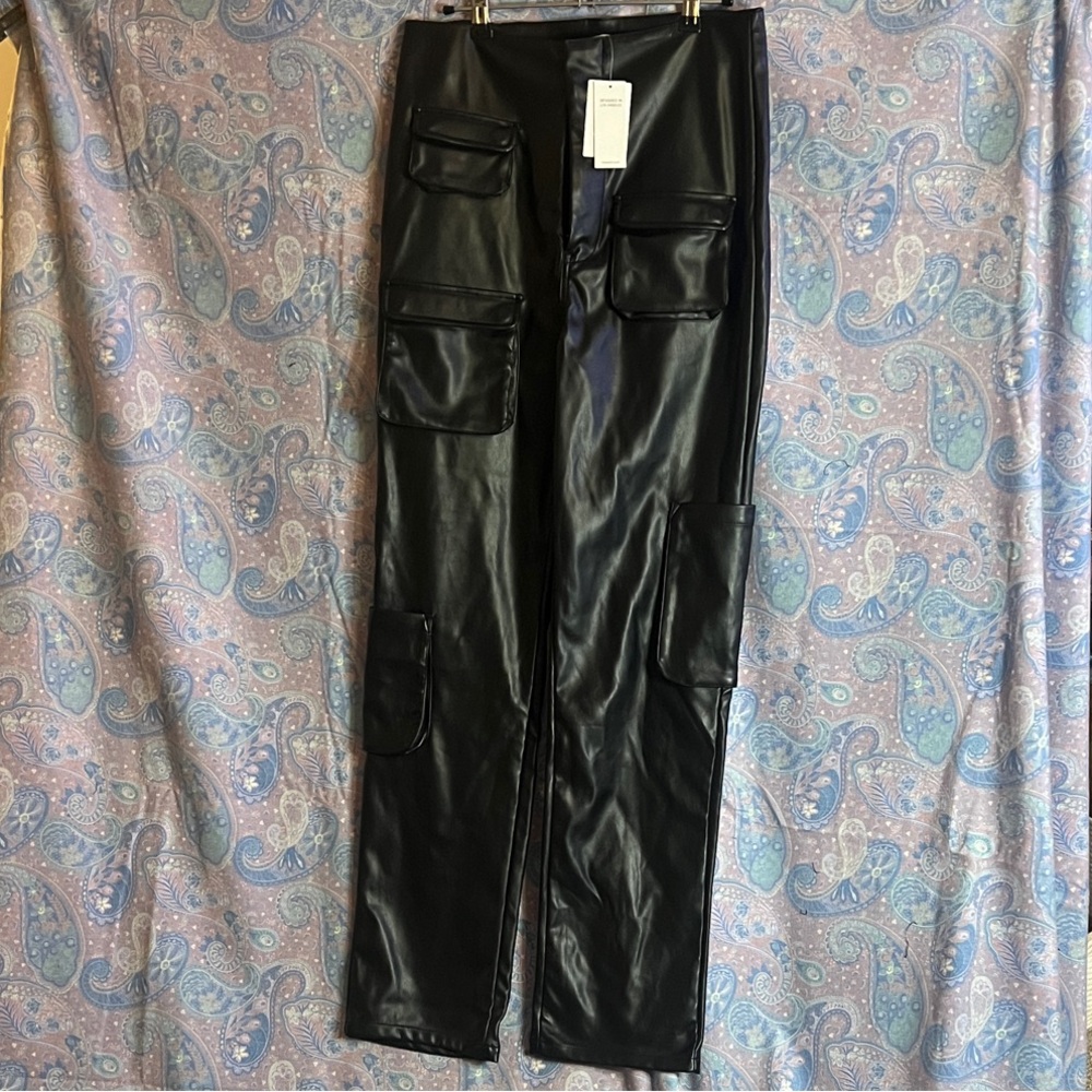 AFRM Black Faux Leather Cargo Pants missing button